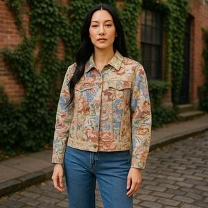 Coldwater Creek Floral Print Cotton & Lace Denim Jacket XL